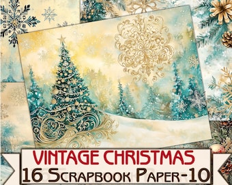Vintage Christmas Background, scrapbook paper Pack-10  Printable 16 Pages
