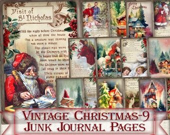 Vintage Christmas Junk Journal Kit-9,Printable Collage Pages Visit of Saint Nicholas