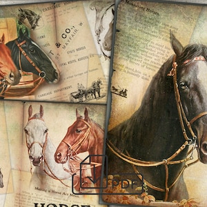 Collage de imágenes de caballos vintage imprime kit de diario basura, páginas de collage imprimibles