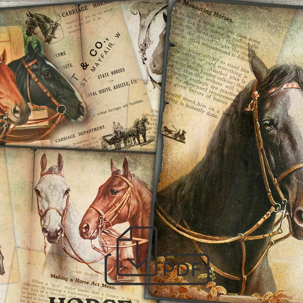 Vintage horses picture collage prints Junk Journal Kit,Printable Collage Pages