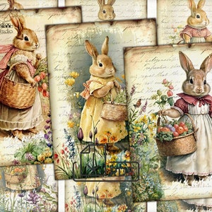 Cartões imprimíveis com imagens digitais de colagem de coelhinho da Páscoa vintage Atc ACEO-3
