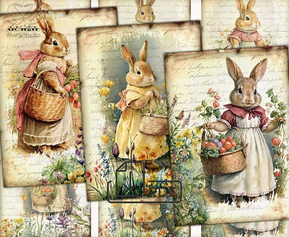 Vintage Easter Bunny Collage Digital picture printable cards Atc ACEO-3