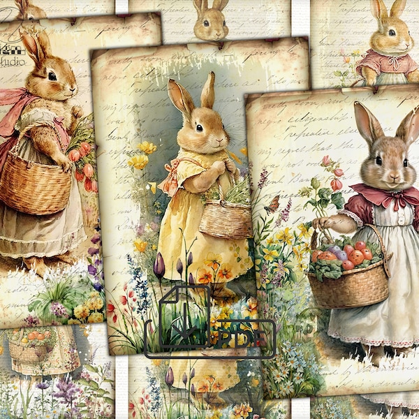 Cartes imprimables numériques vintage de collage de lapin de Pâques Atc ACEO-3