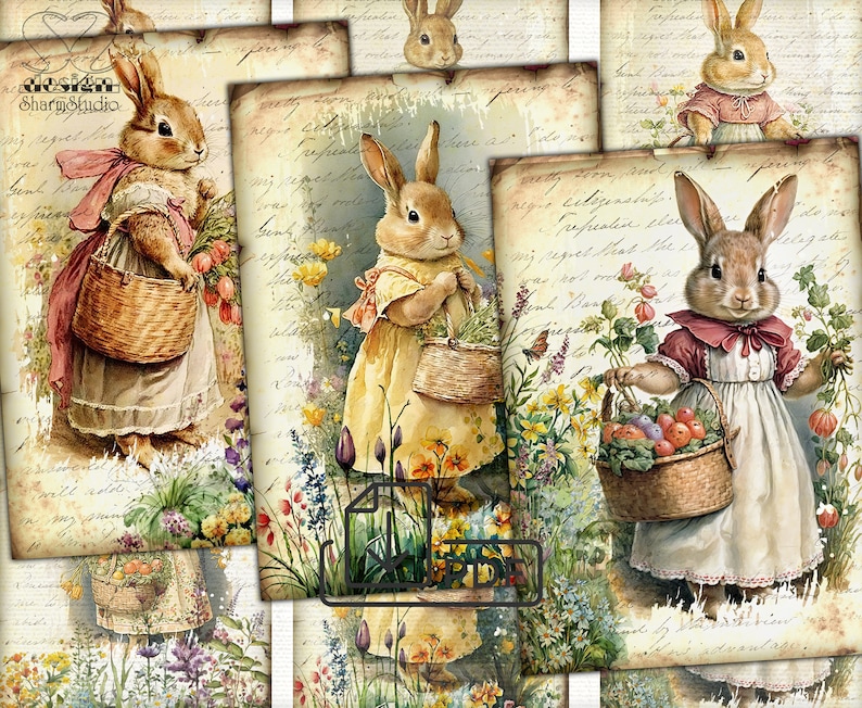 May include: Four vintage illustrations of bunnies in dresses holding baskets of flowers and fruit. The illustrations are on a background of old paper with handwritten text.