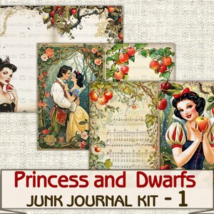 Puede incluir: Un kit de diario de chatarra digital imprimible con Blancanieves y los Siete Enanitos. El kit incluye im&aacute;genes de Blancanieves, el Pr&iacute;ncipe Encantador y una escena de bosque con manzanas. El texto "Princess and Dwarfs Junk Journal Kit - 1" est&aacute; en la parte inferior de la imagen.