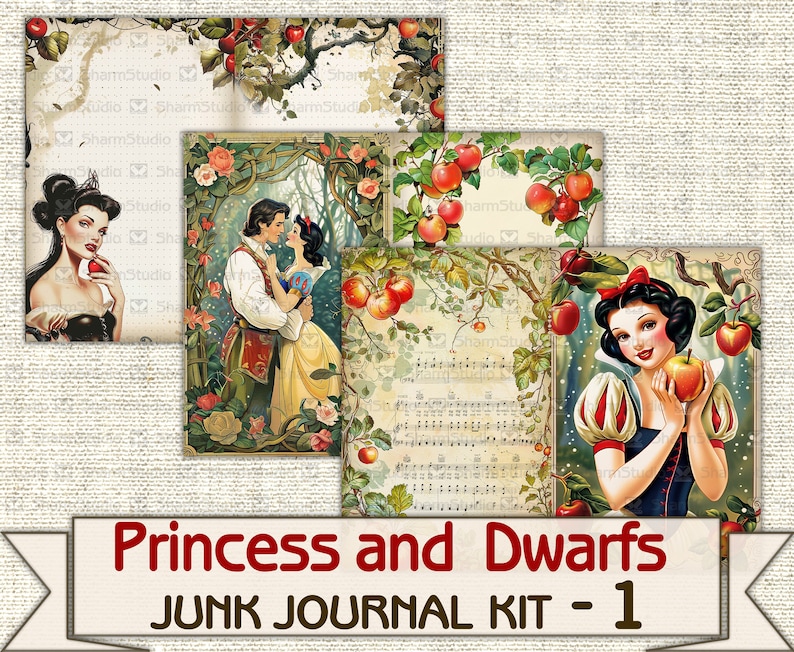 Puede incluir: Un kit de diario de chatarra digital imprimible con Blancanieves y los Siete Enanitos. El kit incluye im&aacute;genes de Blancanieves, el Pr&iacute;ncipe Encantador y una escena de bosque con manzanas. El texto "Princess and Dwarfs Junk Journal Kit - 1" est&aacute; en la parte inferior de la imagen.