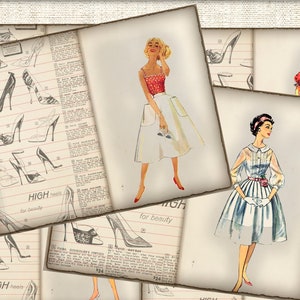vintage Junk Journal Pages kit illustration numérique de mode, impressions dart de mode rétro des années 1950 image 1