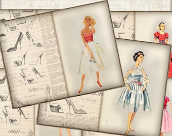 Vintage Junk Journal Pages kit fashion digital illustration,retro fashion 1950s art prints