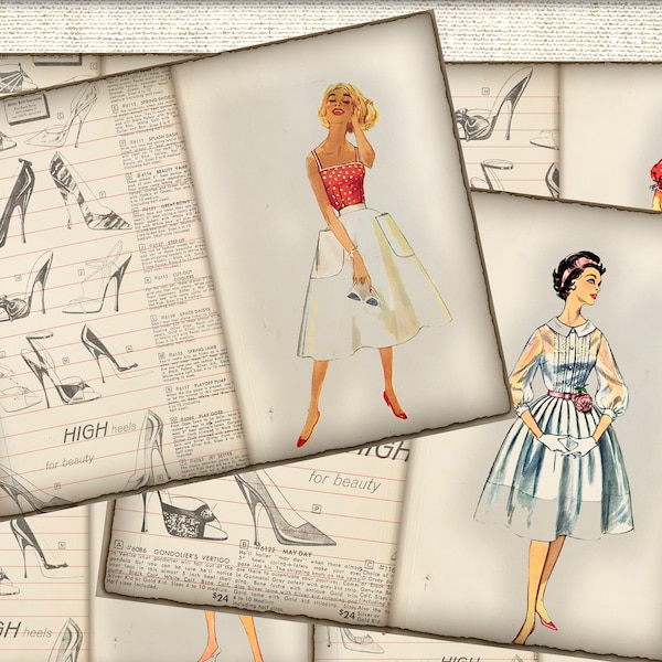 Vintage Junk Journal Pages kit fashion digital illustration,retro fashion 1950s art prints