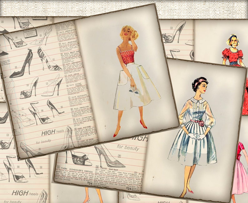 vintage Junk Journal Pages kit illustration numérique de mode, impressions dart de mode rétro des années 1950 image 1