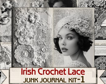 Vintage Irish Crochet Lace Junk Journal kit,Home crafts picture collage pages-1