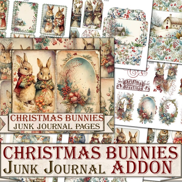 Christmas bunnies Junk Journal Kit ADDON,Printable Collage Pages