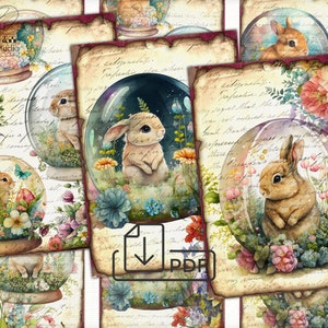 Peut inclure: Un collage num&eacute;rique de six images repr&eacute;sentant de jolis lapins &agrave; l'int&eacute;rieur de globes &agrave; neige en verre. Chaque globe est entour&eacute; de fleurs color&eacute;es et de verdure. L'arri&egrave;re-plan est un papier de style vintage avec du texte manuscrit.