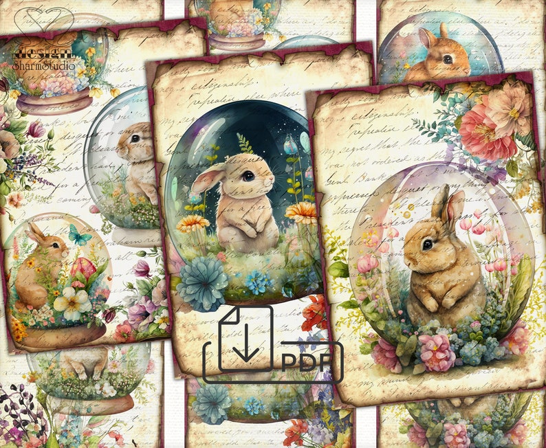 Peut inclure: Un collage num&eacute;rique de six images repr&eacute;sentant de jolis lapins &agrave; l'int&eacute;rieur de globes &agrave; neige en verre. Chaque globe est entour&eacute; de fleurs color&eacute;es et de verdure. L'arri&egrave;re-plan est un papier de style vintage avec du texte manuscrit.