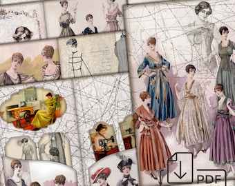 Vintage Sewing Junk Journal Pages picture collage-3 Fashion 1915,Digital Sheet Download