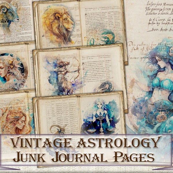 Vintage Astrologie Junk Journal Seiten zum Ausdrucken, Sternzeichen digitale Collage Kit