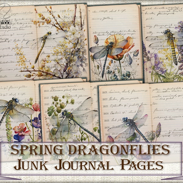 Vintage Spring flowers dragonflies Junk Journal Pages printable