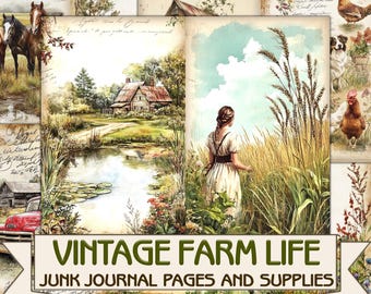 May include: Vintage farm life themed digital collage sheet with images of a farmhouse, a woman in a field, a horse, a dog, and a chicken. The collage sheet is perfect for scrapbooking, card making, and other paper crafts.