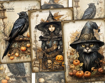Vintage Halloween Junk Journal Printable Pages,background picture collage,ephemera papers