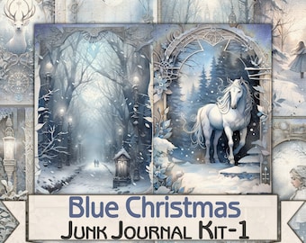 Vintage Blue Christmas Junk Journal Kit,Printable Collage Pages-1