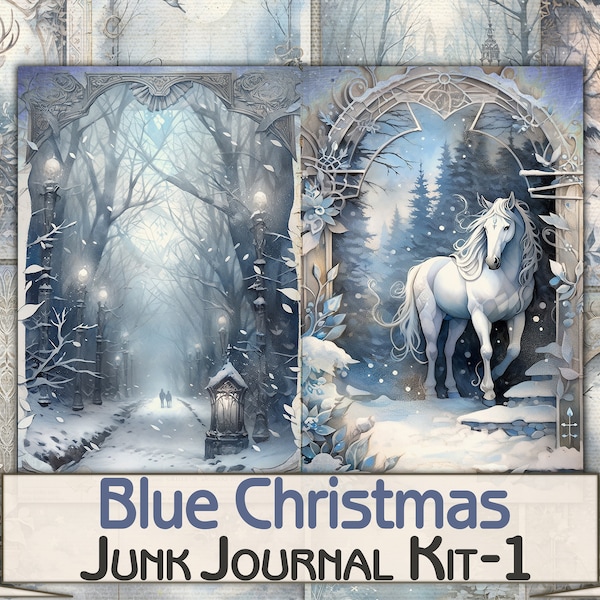 Vintage Blue Christmas Junk Journal Kit,Printable Collage Pages-1