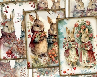 Vintage Christmas bunnies,Collage Digital picture printables cards Atc ACEO