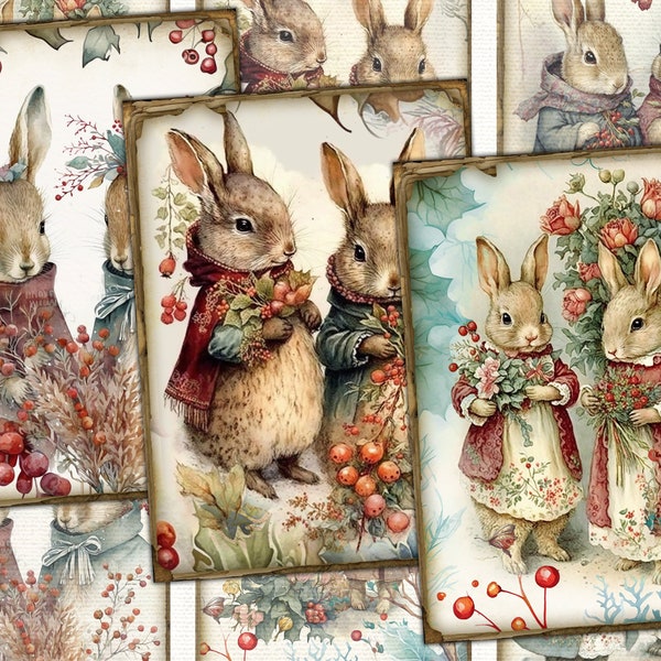 Vintage Christmas bunnies,Collage Digital picture printables cards Atc ACEO