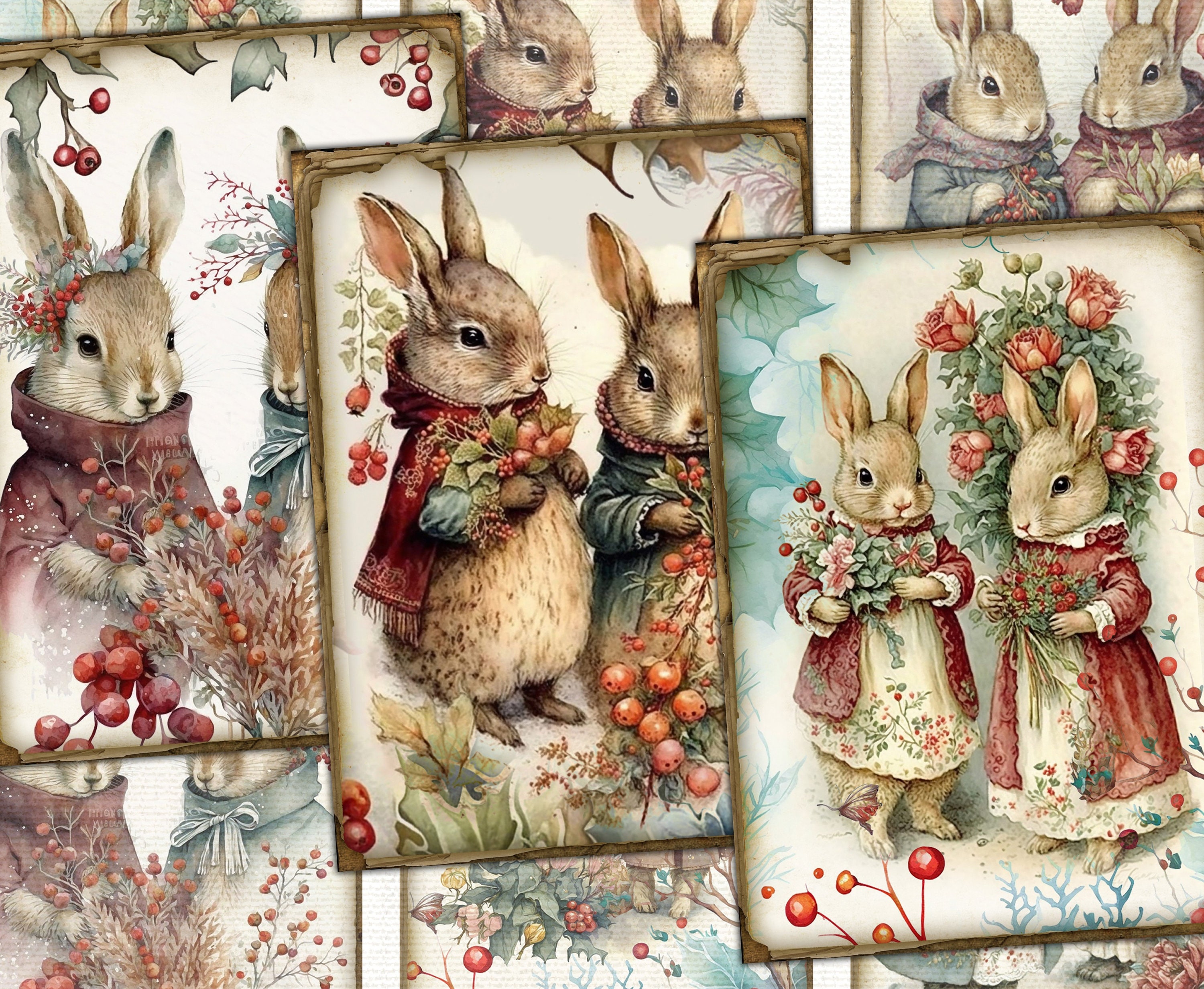 Vintage Christmas bunnies,Collage Digital picture printables cards Atc ACEO
