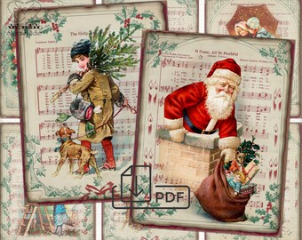 May include: A vintage Christmas collage featuring a boy carrying a Christmas tree, a dog, and Santa Claus climbing down a chimney with a bag of toys. The images are set against a background of sheet music with the lyrics to the Christmas carols "The Holly and the Ivy" and "O Come, All Ye Faithful".