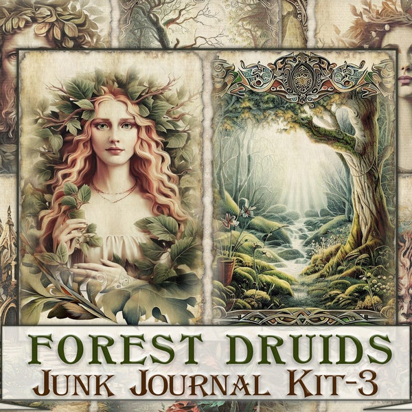 Green Witch Forest druids junk journal watercolor Kit-3 printable,Forest druid Collage fantasy journal