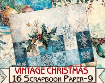Vintage Christmas Background, scrapbook paper Pack-9  Printable 16 Pages