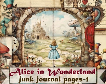 Alice Wonderland junk journal pages,Alice art picture collage,Digital Sheet Download