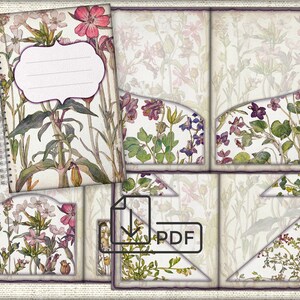 Journal numérique vintage de fleurs sauvages botaniques, couverture, pochettes imprimables, modèles de pochettes en papier