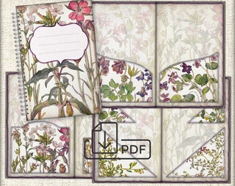 Vintage Botanical Wild Flowers digital Junk Journal,Cover,Pockets Printable,paper pocket designs