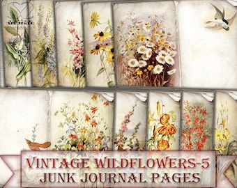 Journal vintage de fleurs sauvages, pages 5, collage d'images botaniques, feuille numérique à télécharger