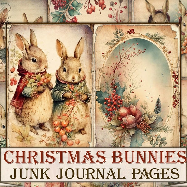 Christmas bunnies Junk Journal Kit,Printable Collage Pages