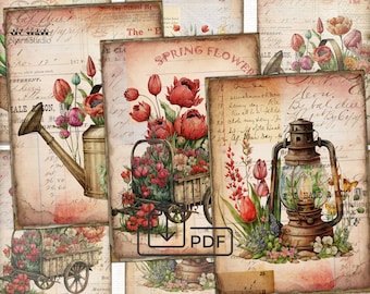 ensemble de cartes vintage Spring Flowers, Collage Digital cartes imprimables Atc ACEO