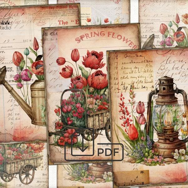 Vintage Spring Flowers card set,Collage Digital picture printable cards Atc ACEO