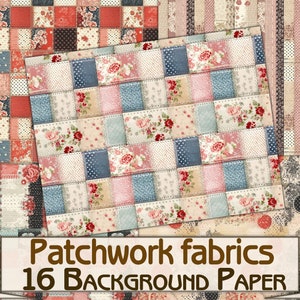 Puede incluir: Un paquete de papel digital con 16 diseños de telas de patchwork. Los diseños presentan una variedad de colores y patrones, incluyendo rojo, azul, rosa y blanco. El texto "Patchwork fabrics 16 BACKGROUND PAPER" está en la parte inferior de la imagen.