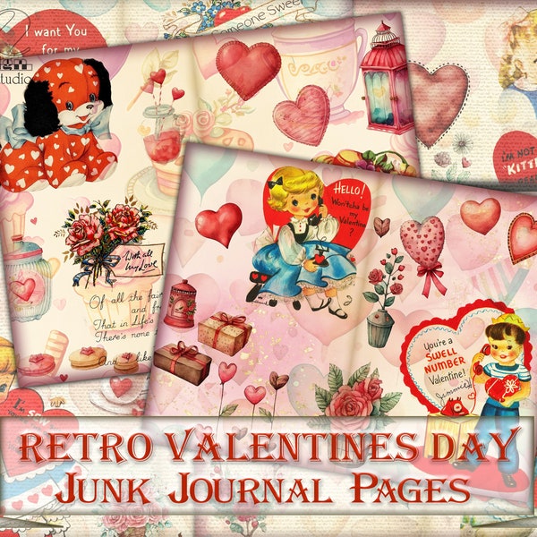 Retro Valentines Day Junk Journal Kit,Printable Digital Collage Pages