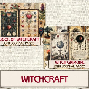 May include: Two vintage style printable pages for junk journals. The first page features a heart with wings and the text "Book of Witchcraft Junk Journal Pages". The second page features a globe and the text "Witch Grimoire Junk Journal Pages".