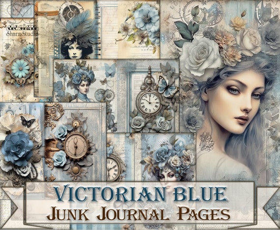 Victorian blue junk journal Pages printables,Victorian picture Collage