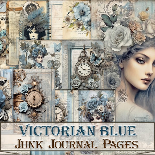 Pages de journal de pacotille bleues victoriennes imprimables, collage d'images victoriennes