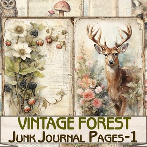 Vintage Forest nature Junk Journal collage photo, animaux de la forêt imaginaires