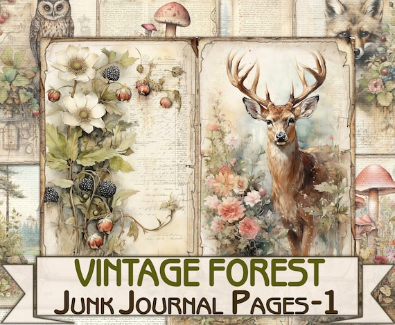 Vintage Forest nature Junk Journal picture collage,fantasy forest animals