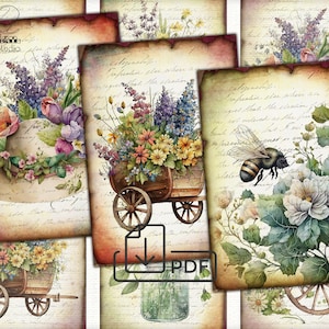 Cartões imprimíveis com imagens digitais de colagem de primavera vintage Atc ACEO