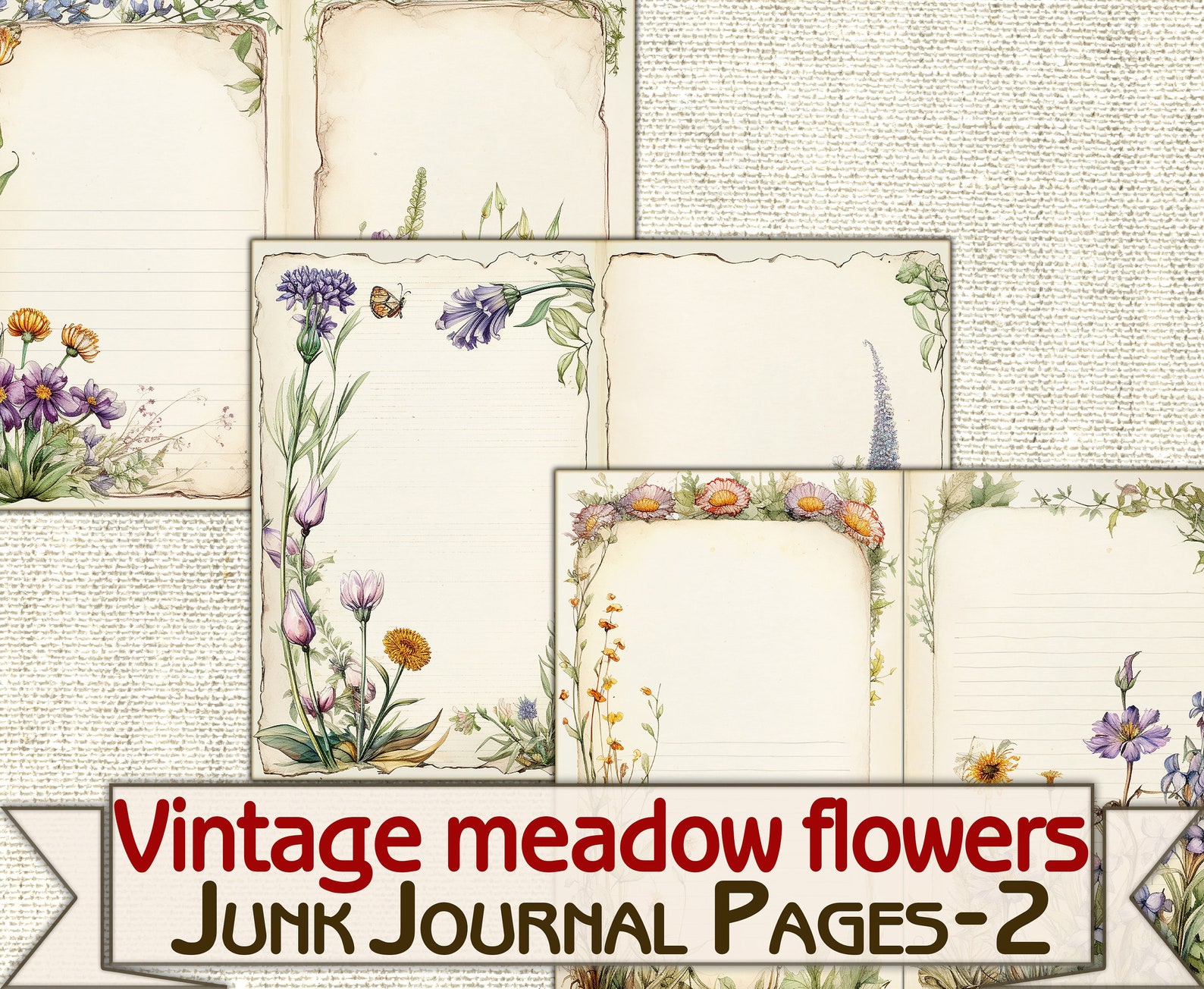 Vintage Meadow Flowers Junk Journal Pages-2,botanical Picture Collage ...