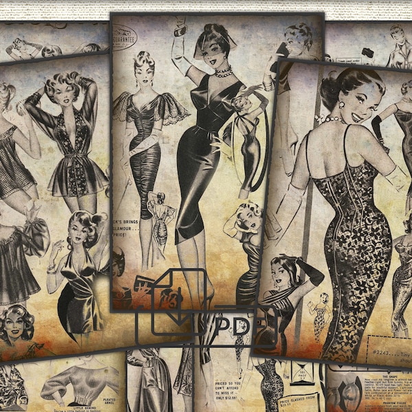 Vintage digital fashion collage illustration 1950s Collage Sheet,Cards Atc ACEO