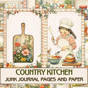 Páginas de diário de lixo de cozinha do país, scrapbooking, colagem de livros de receitas, itens efêmeros para impressão