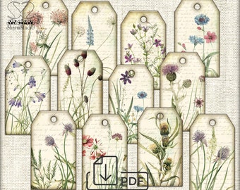 Wildflower Junk Journal Tags, Printable Digital Paper Prints, Vintage Flower Ephemera